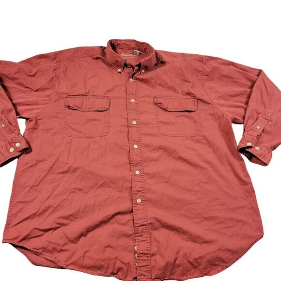 Eddie Bauer Shirt Mens XL Orange Rufton Twill Button Up Outdoors Retro Stains* - Picture 1 of 8